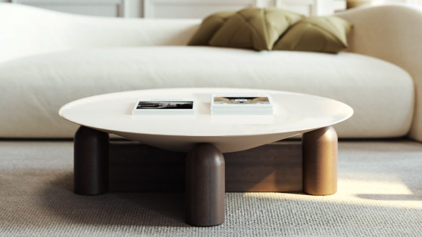 Spirit coffee table by Monogram via Galerie Revel with a chunky oak base and a glossy white inverted cone for a tabletop