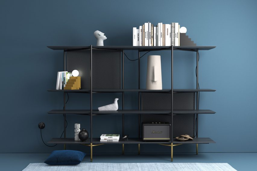 Stair lamp by Oblure on a shelving unit
