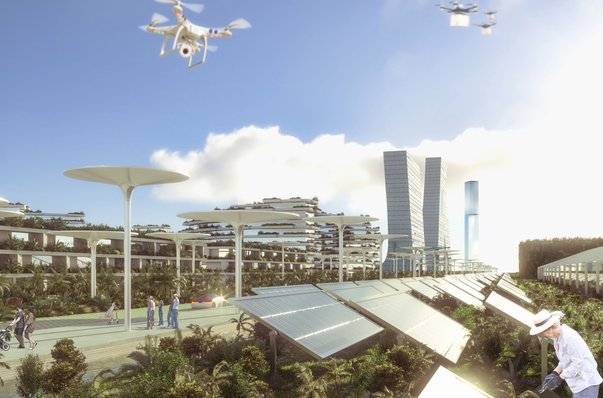 Render of a pedestrian pathway with drones, solar panels and plant-covered buildings