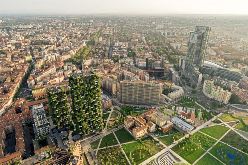 Aerial perspective of the Bosco Verticale residential towers in Milan