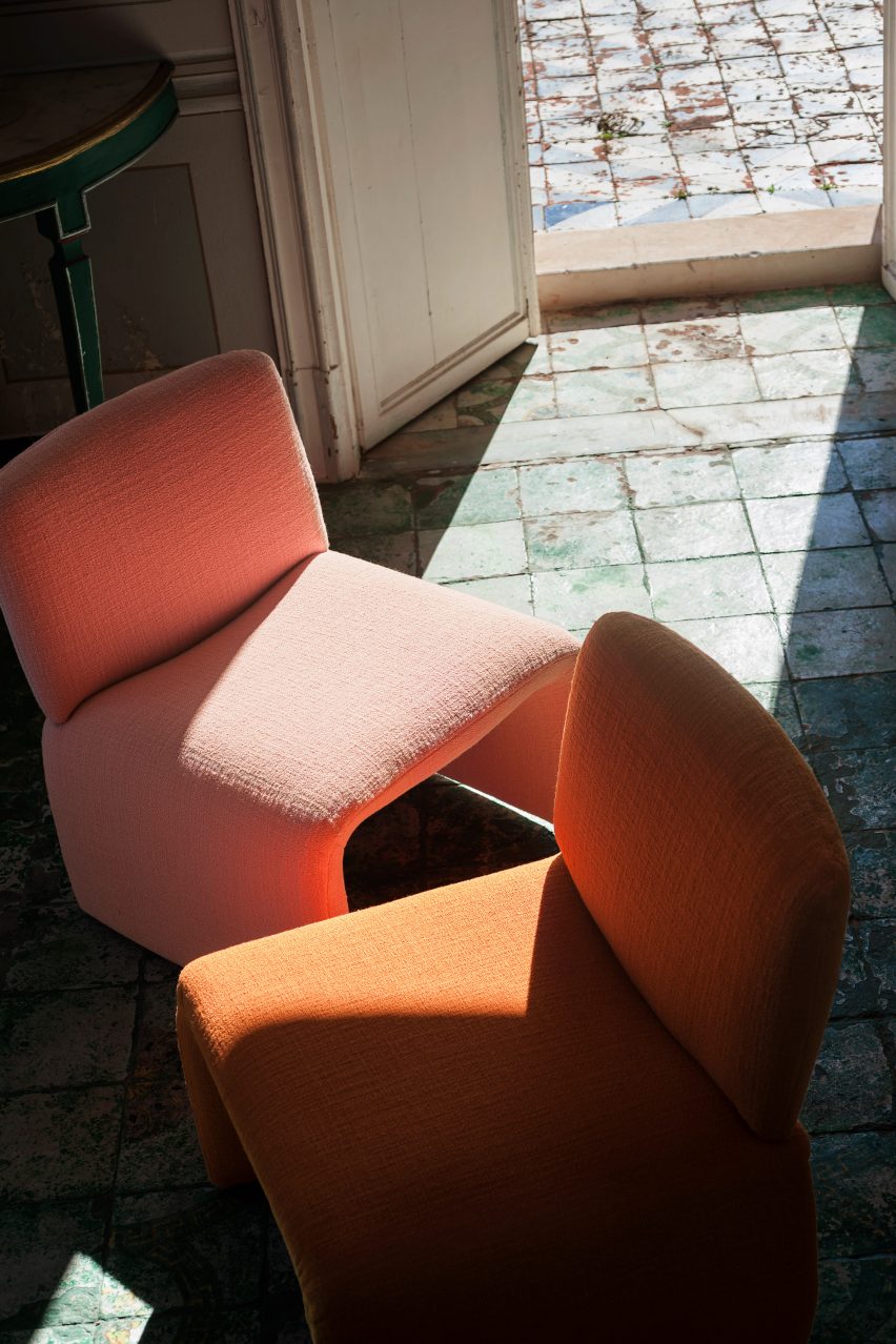 Textures fabric by Dedar in pink and orange used on two upholstered chairs