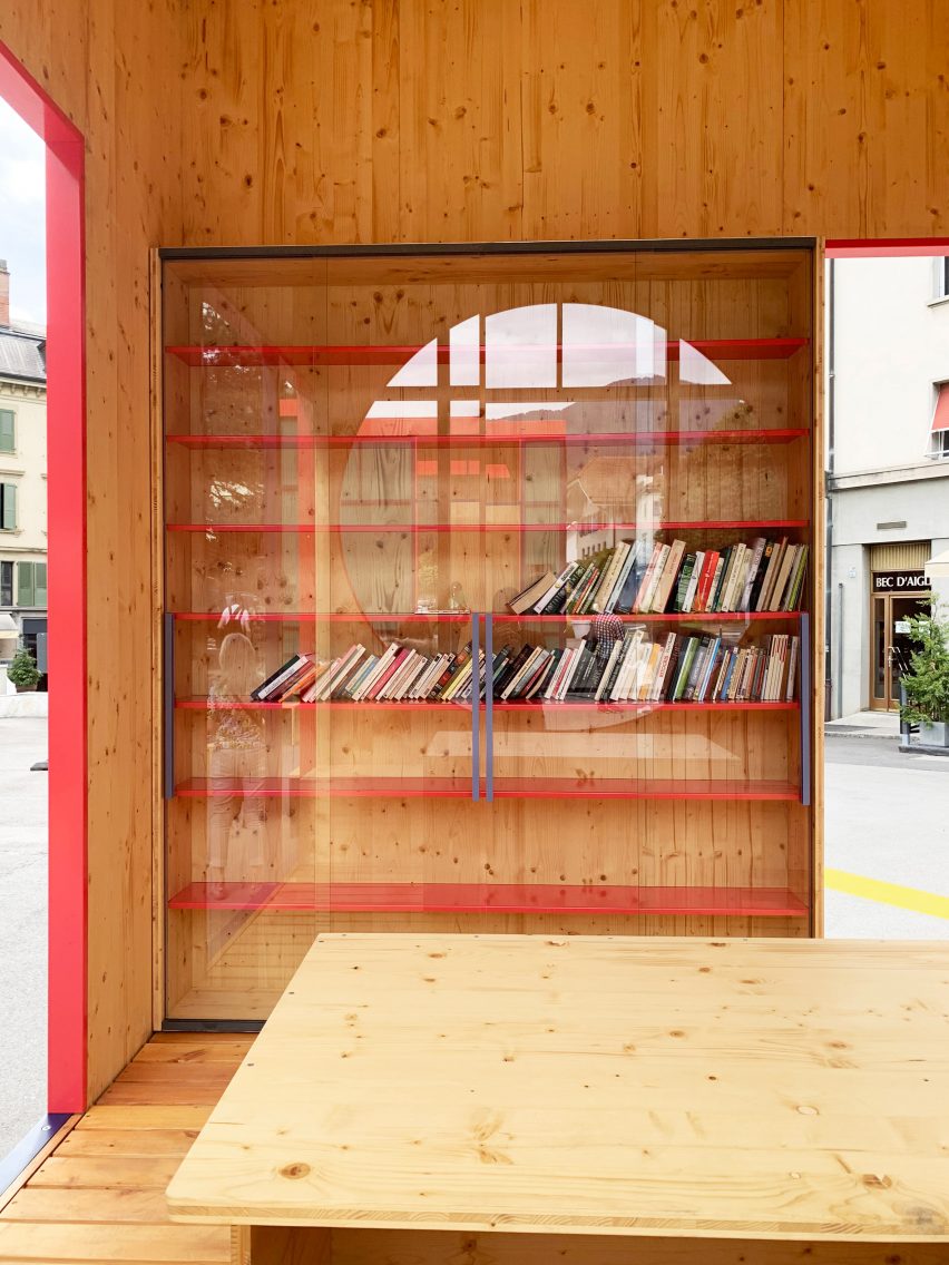 A library inside a wooden pavilion