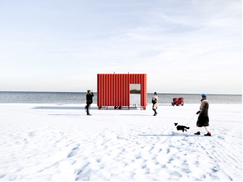 An illustration of a red beach station on snow