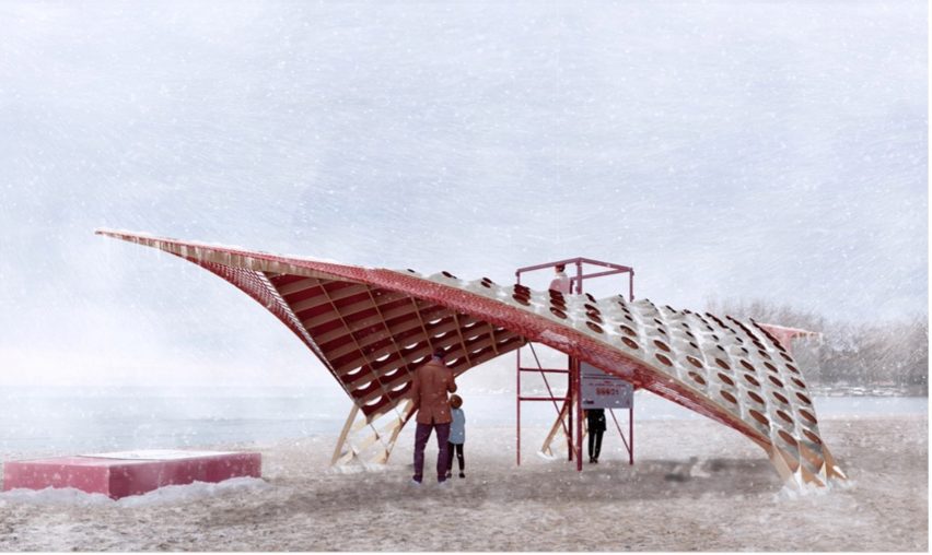 A winged pavilion on a beach