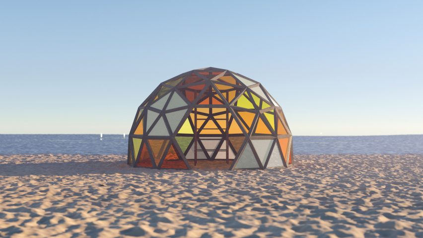 A golden dome pavilion on a beach