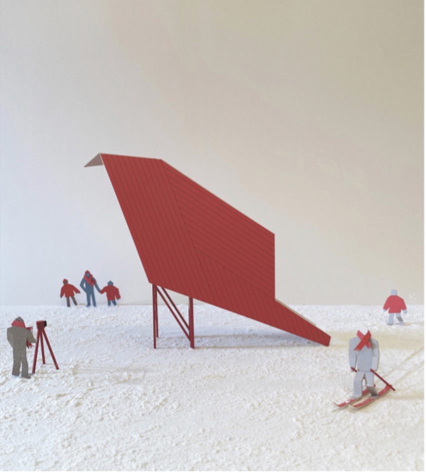 A red installation called Wildlife Guard Chair