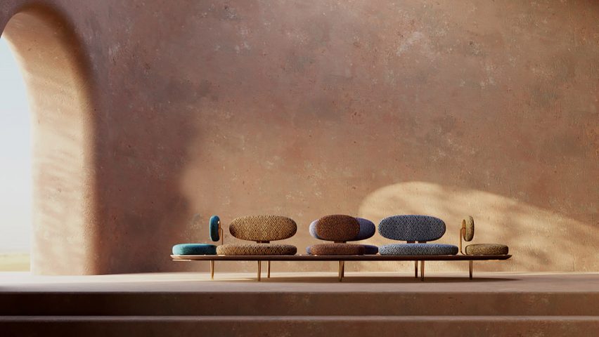 Low-lying Tribu sofa with multi-coloured pebble-shaped seats by Studioforma