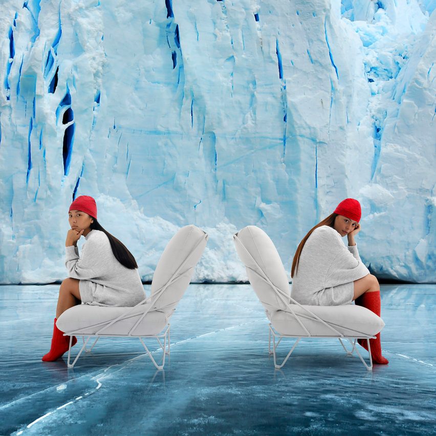 Two Valentina Up chairs by Diabla set against an icy backdrop