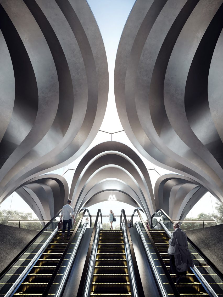 Render of escalators below the steel roof canopy at the Dnipro Metro