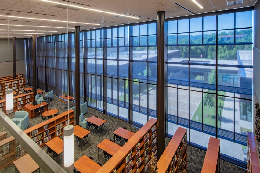 A photograph of Fayetteville High School library with large windows 