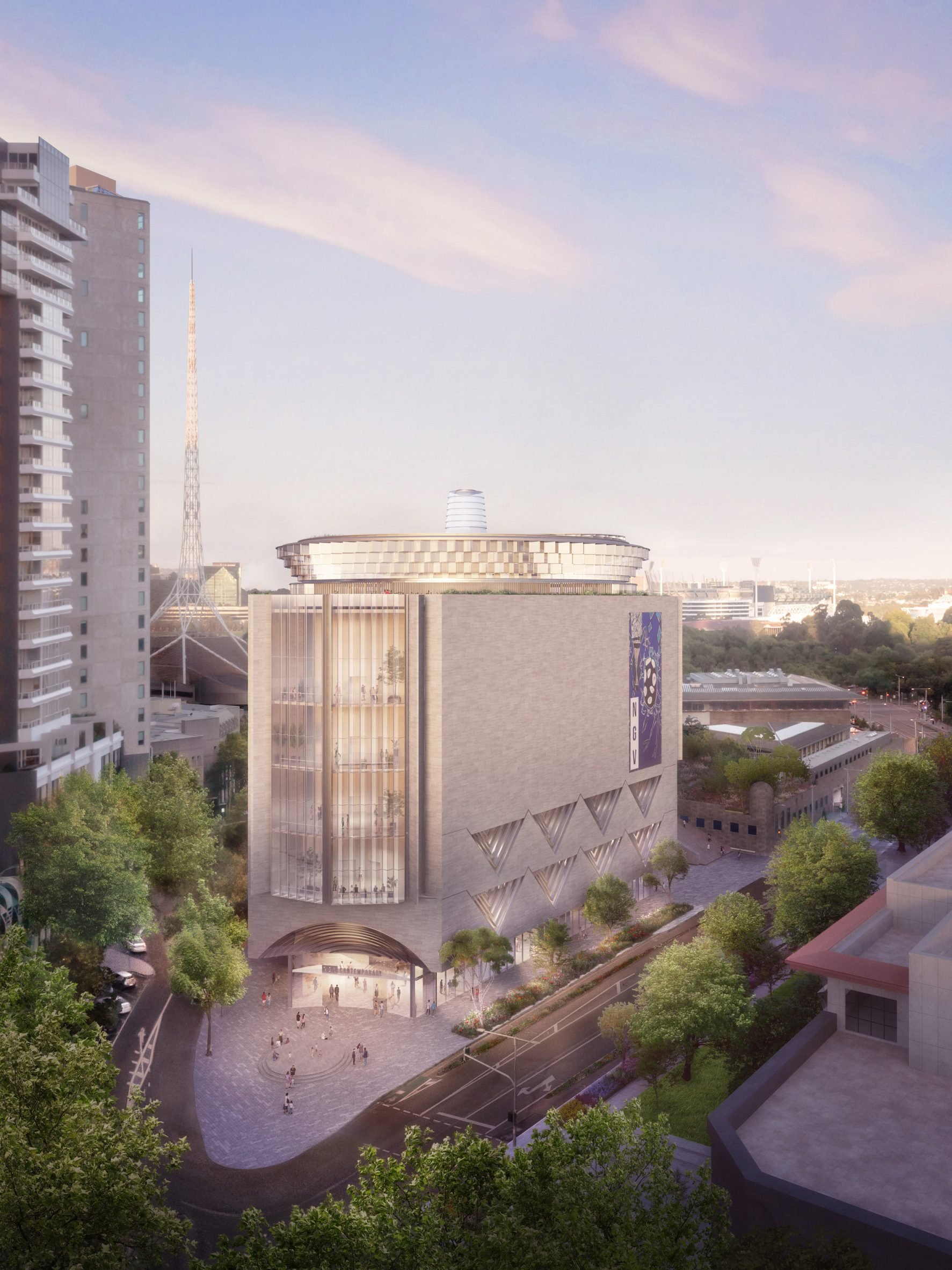 Render of the front of the National Gallery of Victoria Contemporary at dusk