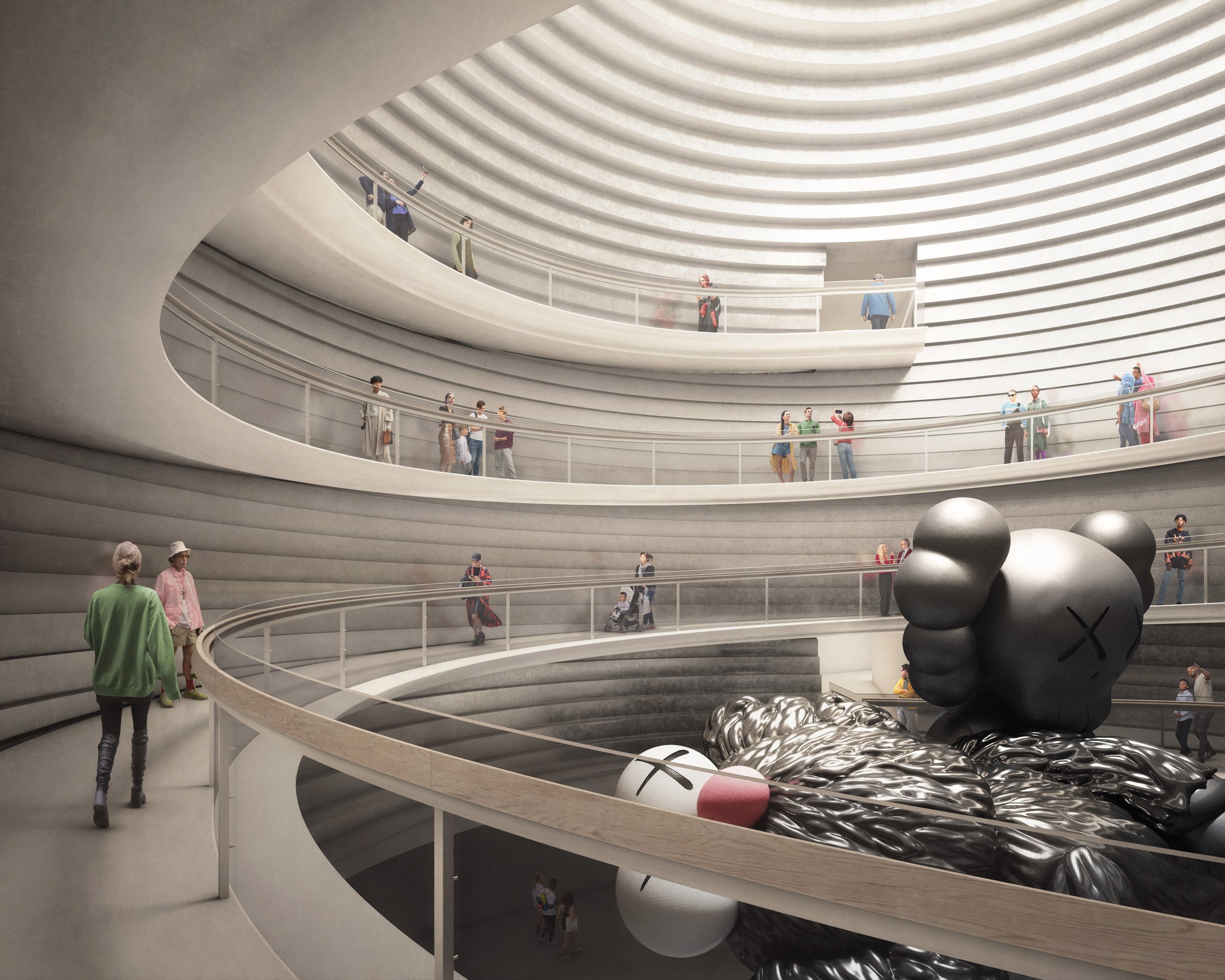 Render of the spiral walkways in the atrium of the gallery