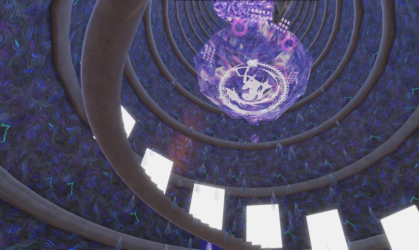 A digital purple portal with a snake inside