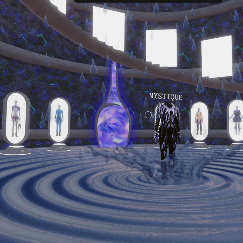 A purple themed digital fashion show space in Decentraland