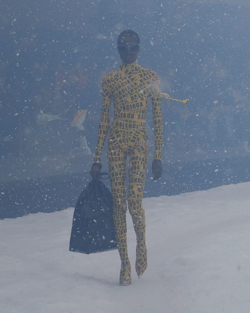 Model is pictured wrapped in Balenciaga packaging tape