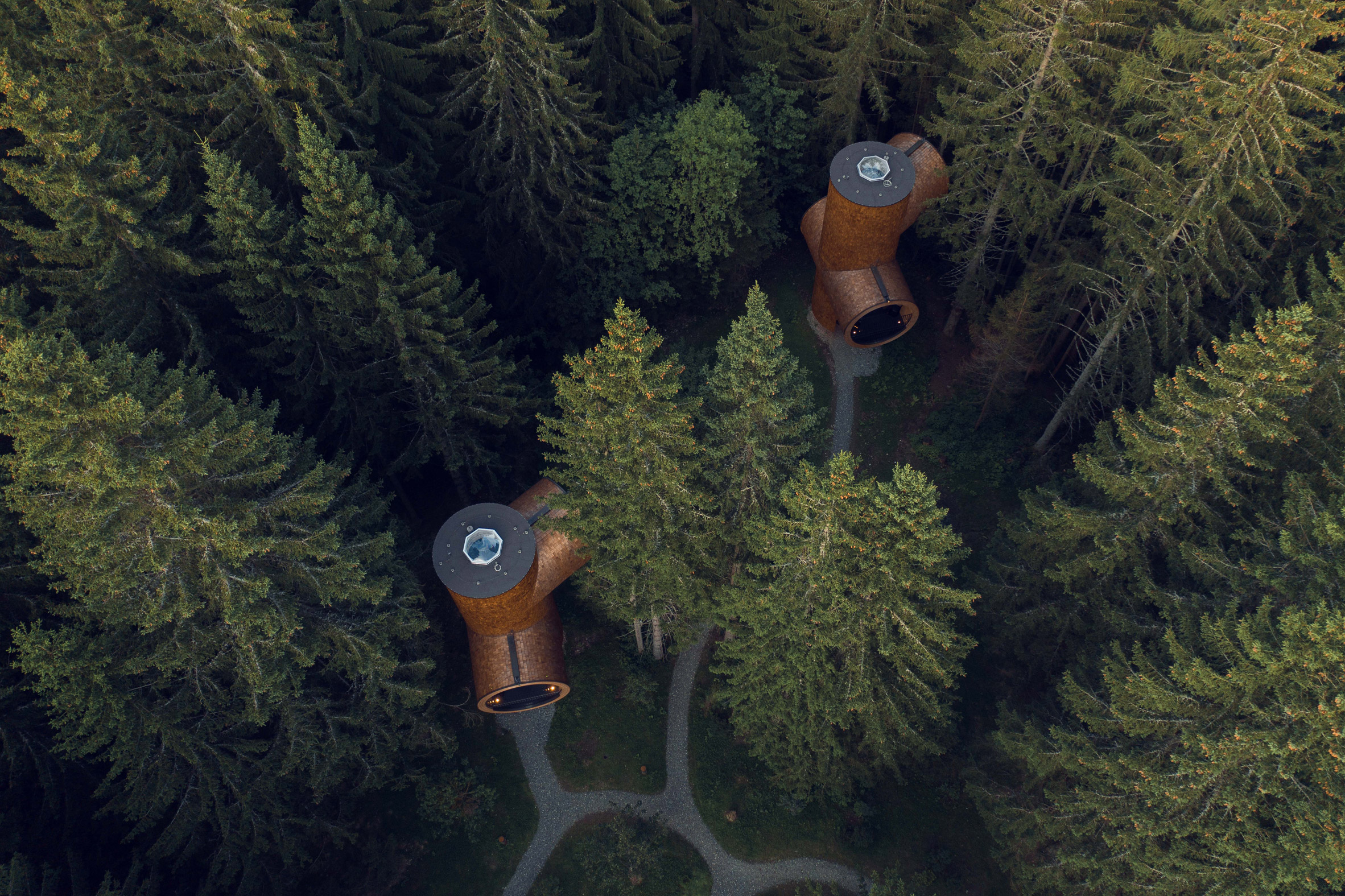 Aerial view of Bert treehouses in Austria