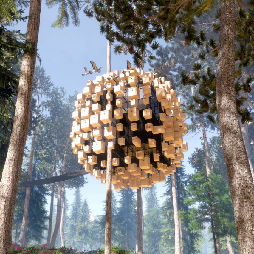 Render of the hotel room suspended in the trees