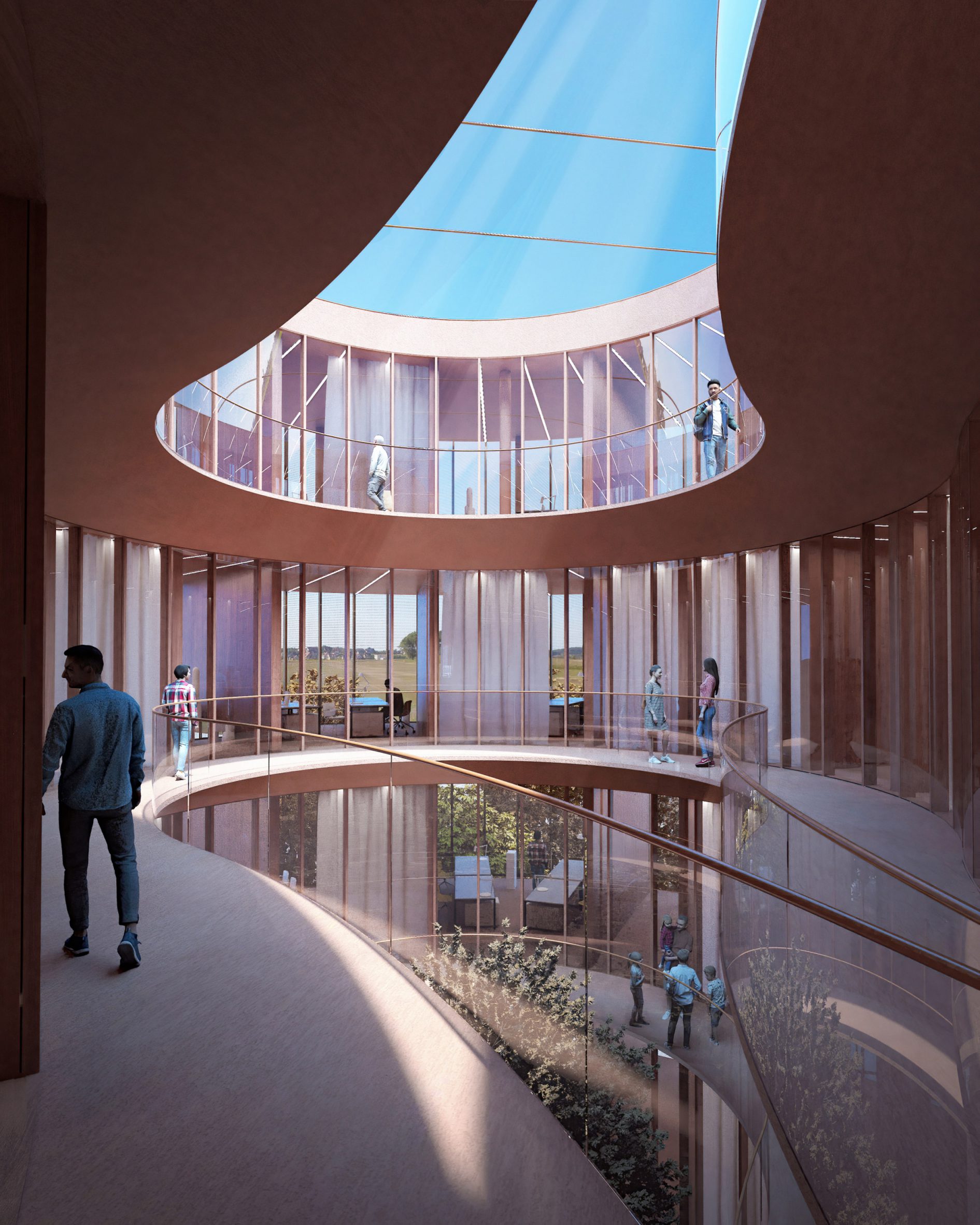 Render of an atrium surrounded by a looping balcony at The Danish Neuroscience Center