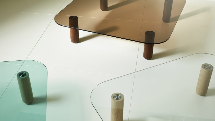 Three Big Sur Low coffee tables with transparent tops in blue, brown and white by Simon Klenell and Kristoffer Sundin for Fogia