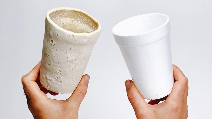 Chitofoam cup by Doppelgänger made from mealworm exoskeleton next to a polystyrene cup