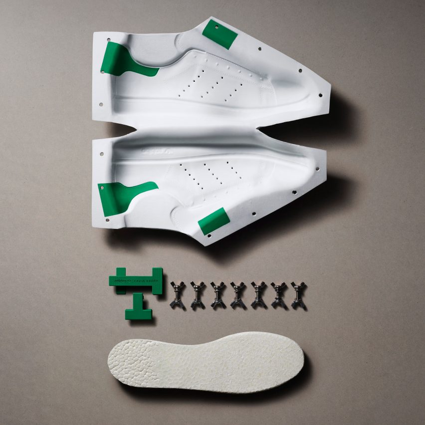 A pair of deconstructed Adidas Stan Smith shoes