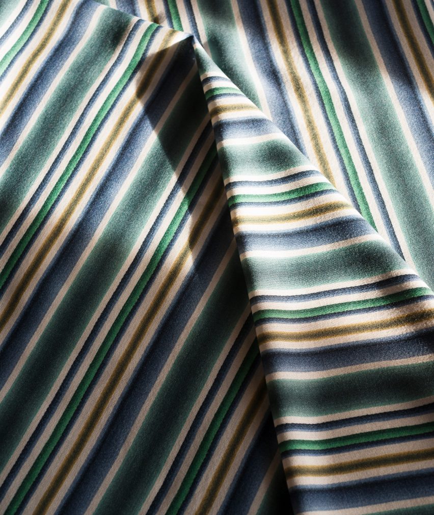 A photograph of the striped blue, green and yellow fabric called John Kelly