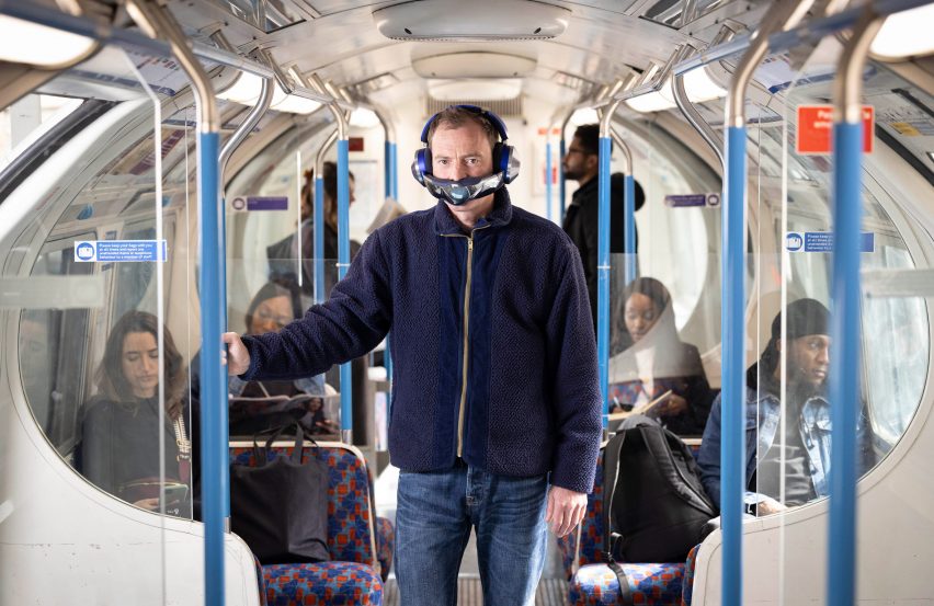 Jake Dyson wearing an air-purifying visor on a London Underground tube