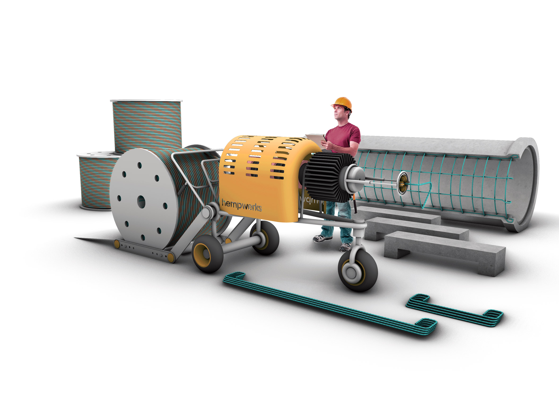 Rendering of the machine for making hemp rebar on-site with spools of rope at one end and nozzle for ejecting rebar at the other