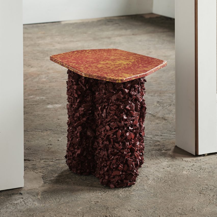 Craggy red and orange side table from Liquid Geology collection by CAN