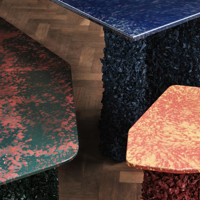 Liquid Geology tables with speckled enamel tops by CAN