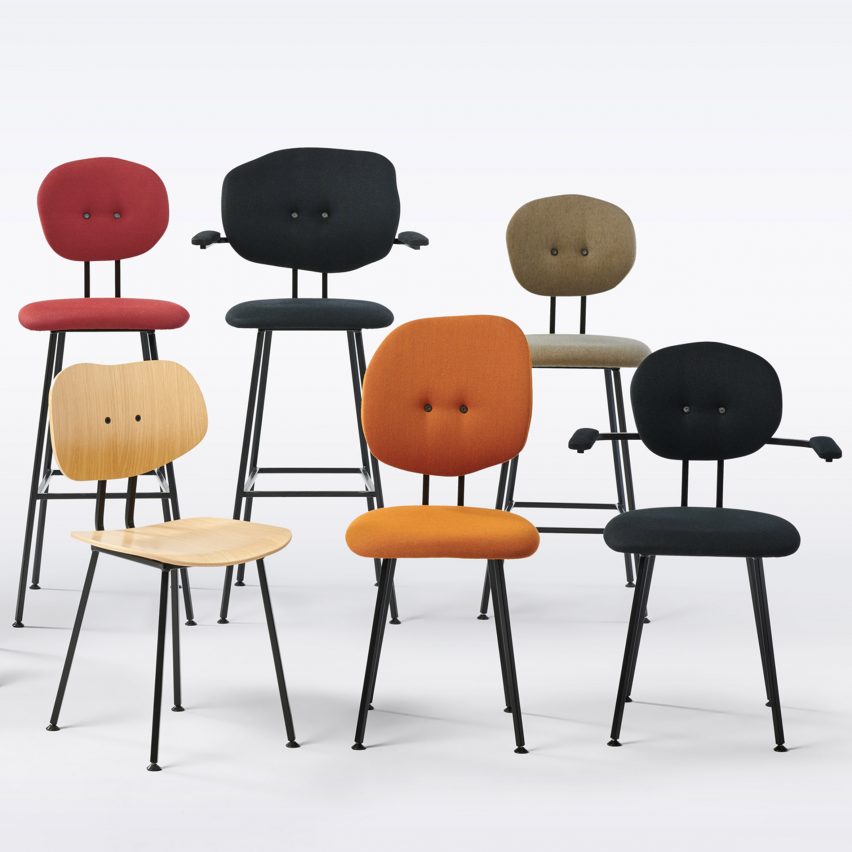 Six Maarten Baas 101 chairs for Lensvelt upholstered in different colours