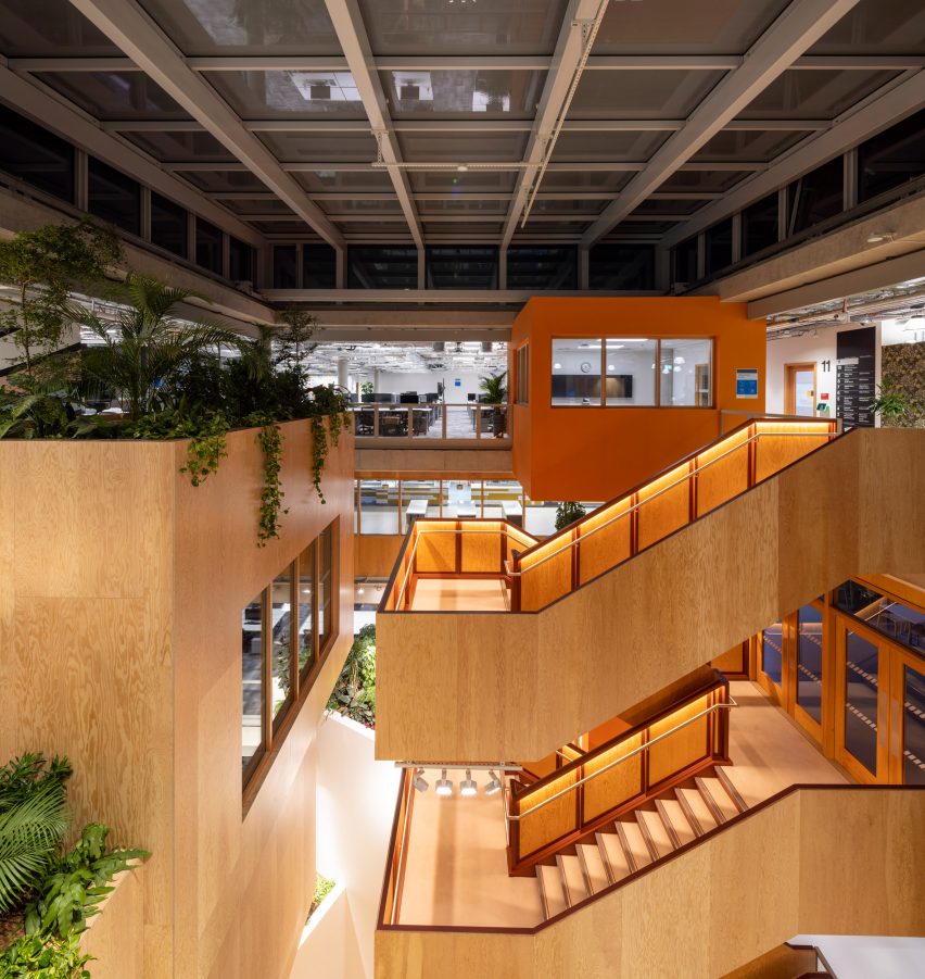 Wooden staircases inside King's Cross Meta office