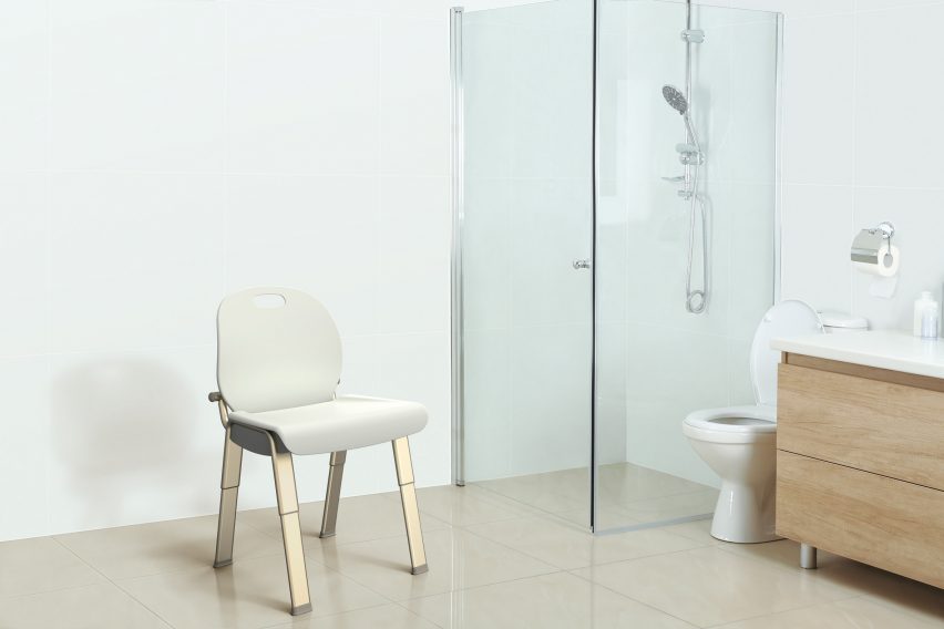 An accessible chair next to a shower