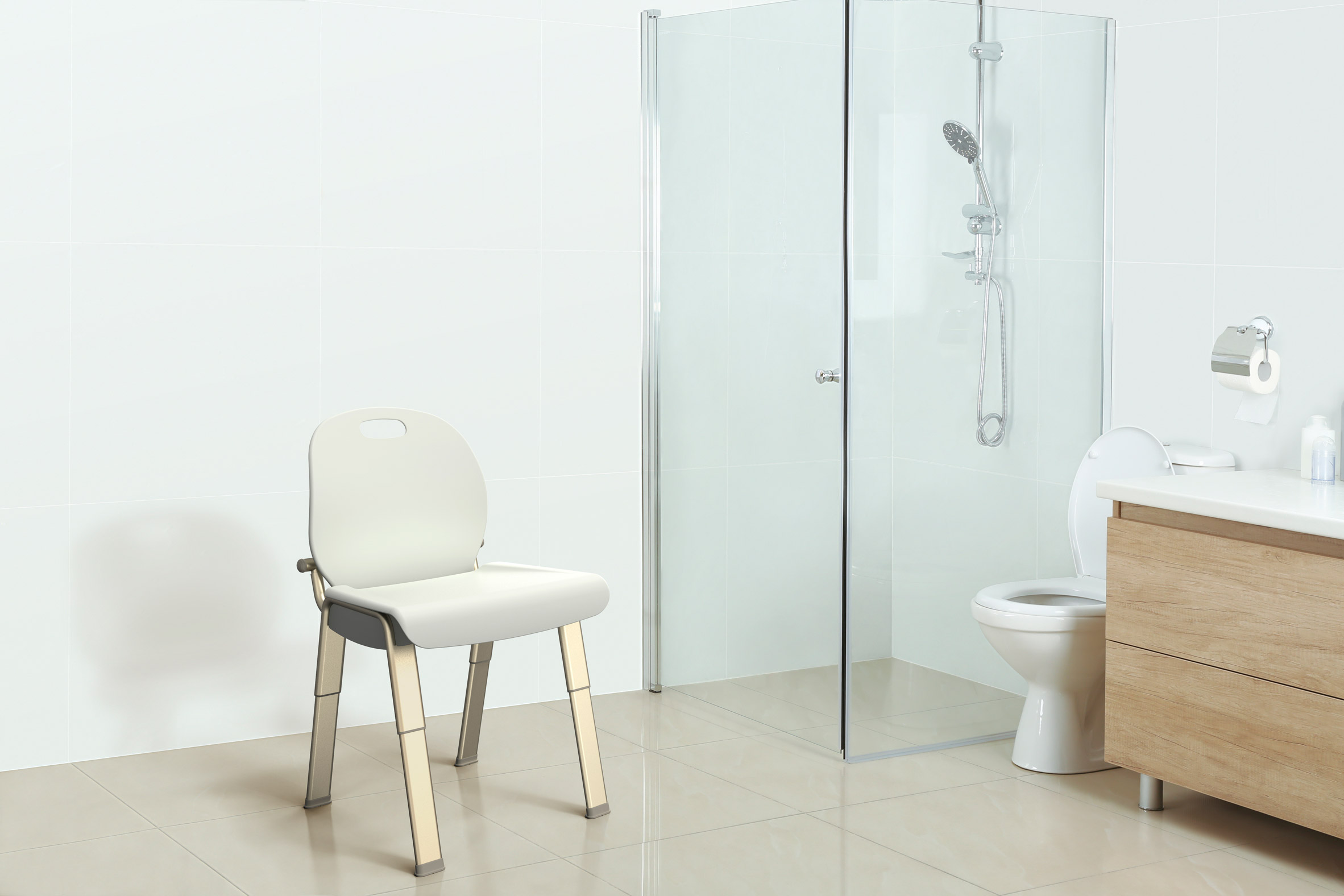 An accessible chair next to a shower