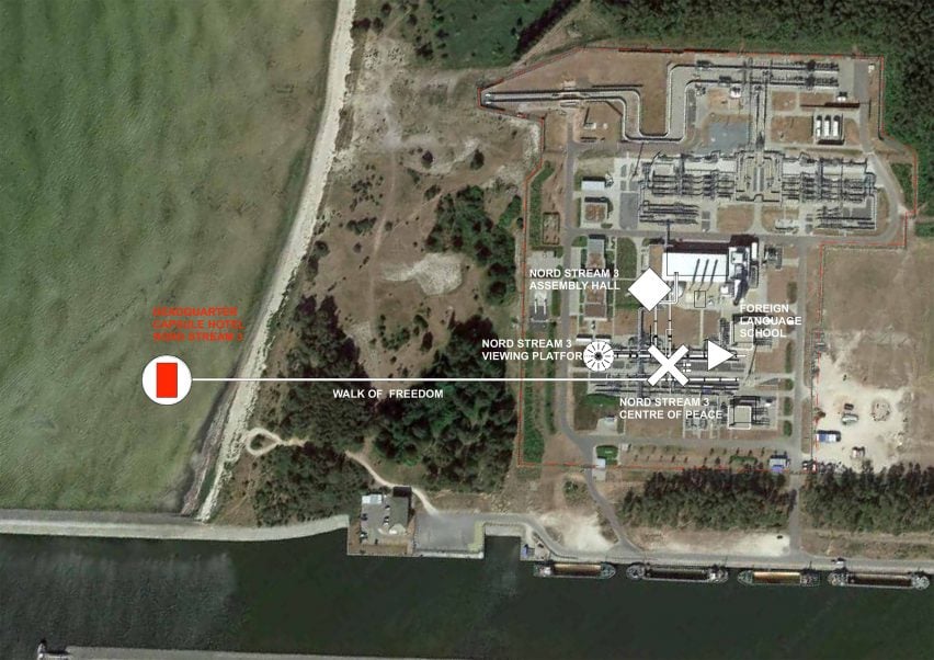 Aerial photo of the Nord Stream 3 German landing site with Opposite Office's markings indicating the location of a headquarters, foreign language school, assembly hall and viewing platform