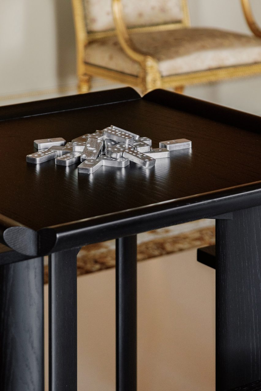 Cast aluminium dominoes on Open Code gaming table by Mac Collins at Harewood Biennial