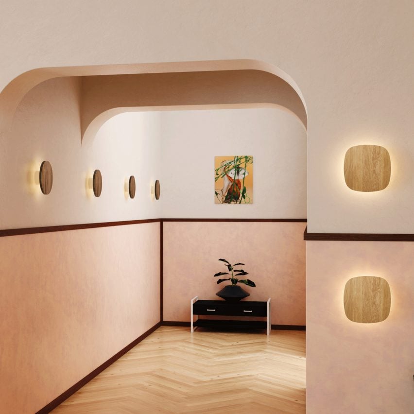 Square wooden Radient Reimagined lights by RBW on the walls of a pink hallway