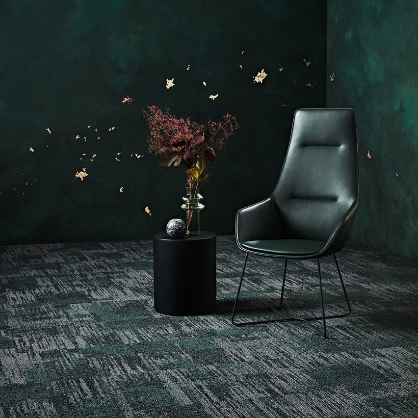 Raw Elements carpet tiles by Signature Floors in a black showroom