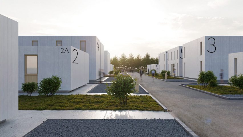 Numbered one- and two-story buildings along a central path designed by by Balbek Bureau