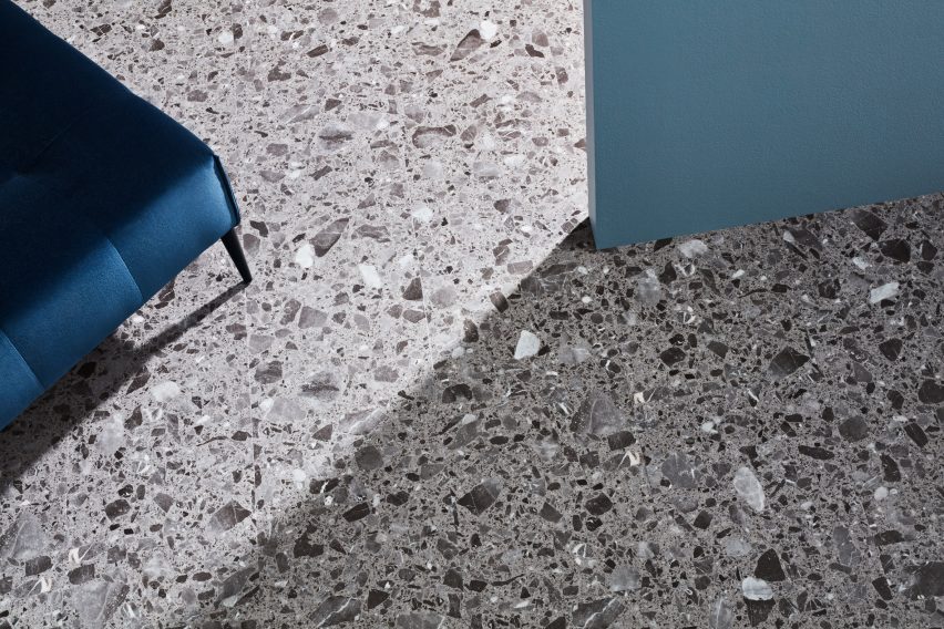 Grey terrazzo-like vinyl flooring by Signature Floors