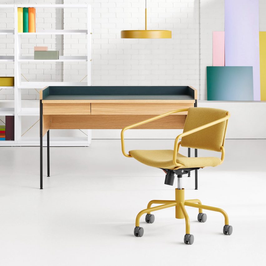 Tabloid desk by Blu Dot with green tabletop