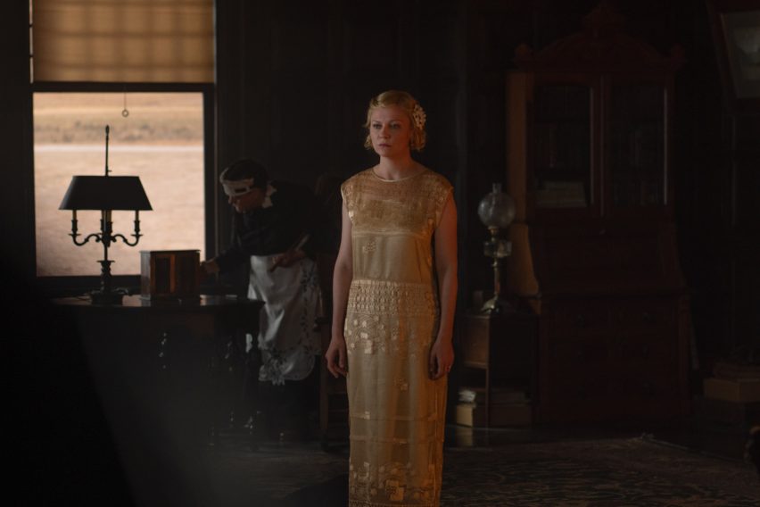 Dark interior of house in the Power of the Dog with Kirsten Dunst