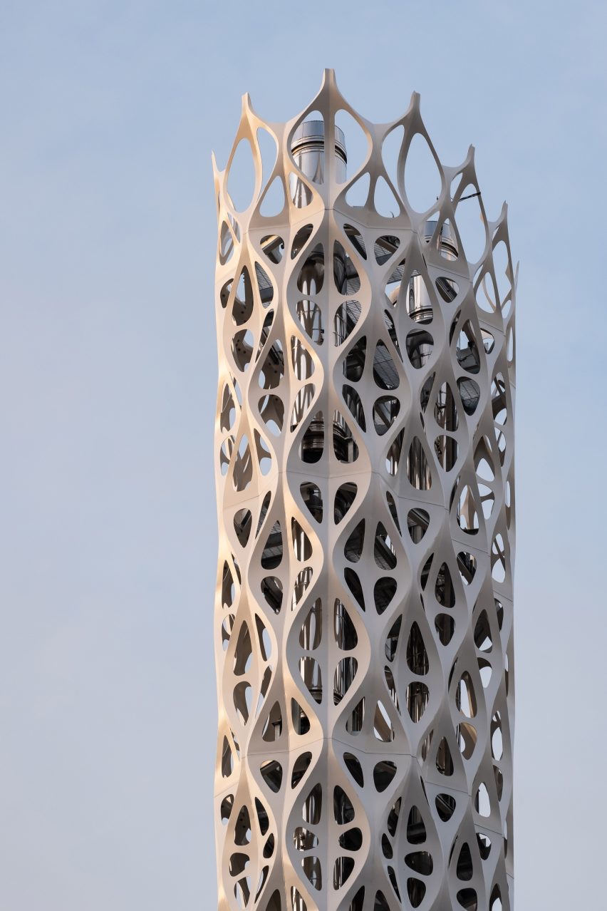 Tower with perforated steel cladding