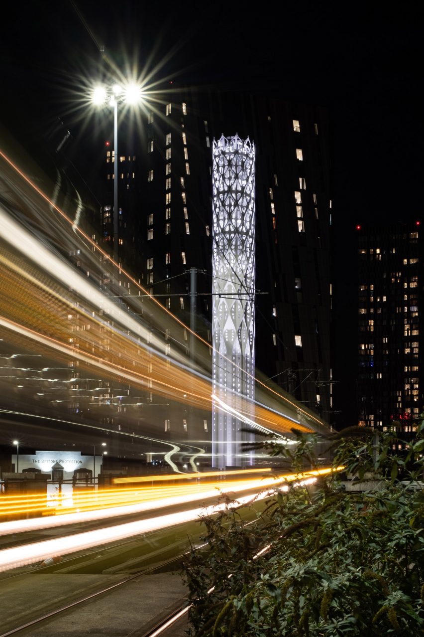 The Tower of Light and the Wall of Energy in Manchester at night