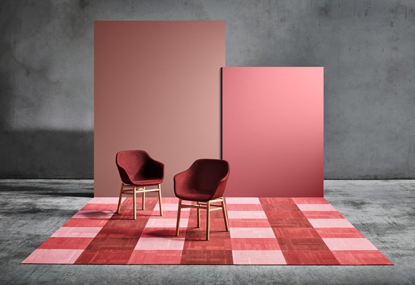 A photograph of the pink-hued Vivid 202 carpet tiles