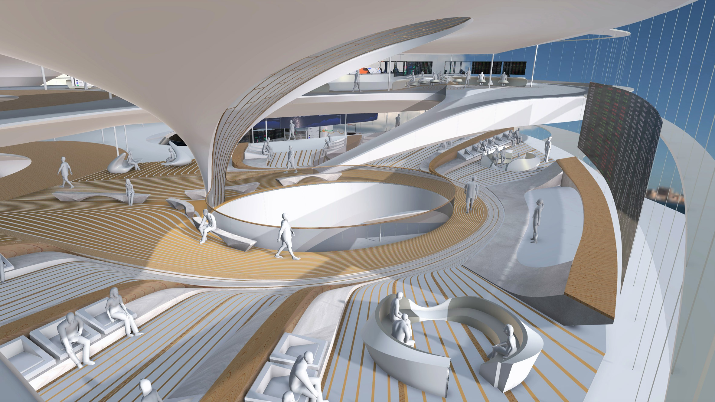 A white, curvaceous interior of a digital building
