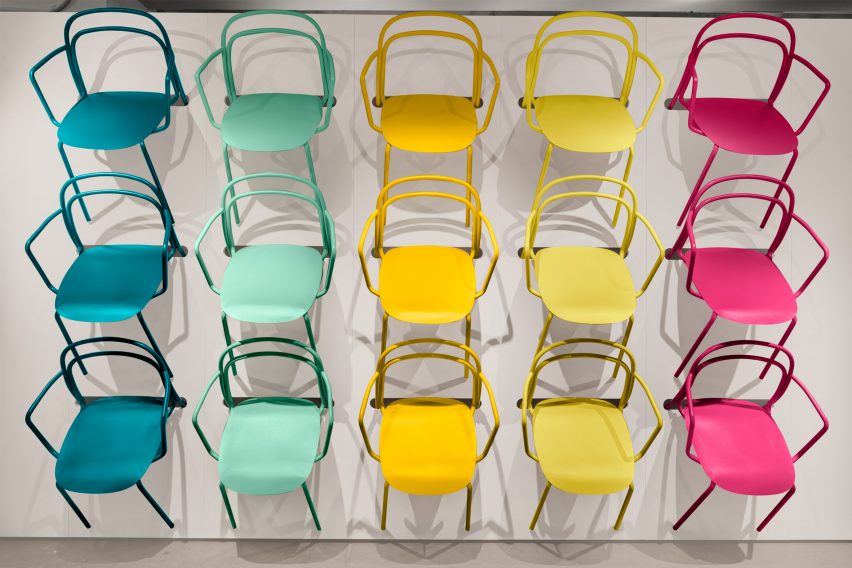 A photograph of Division Twelve's Catty chair, which comes in a range of colours, including yellow, pink and green