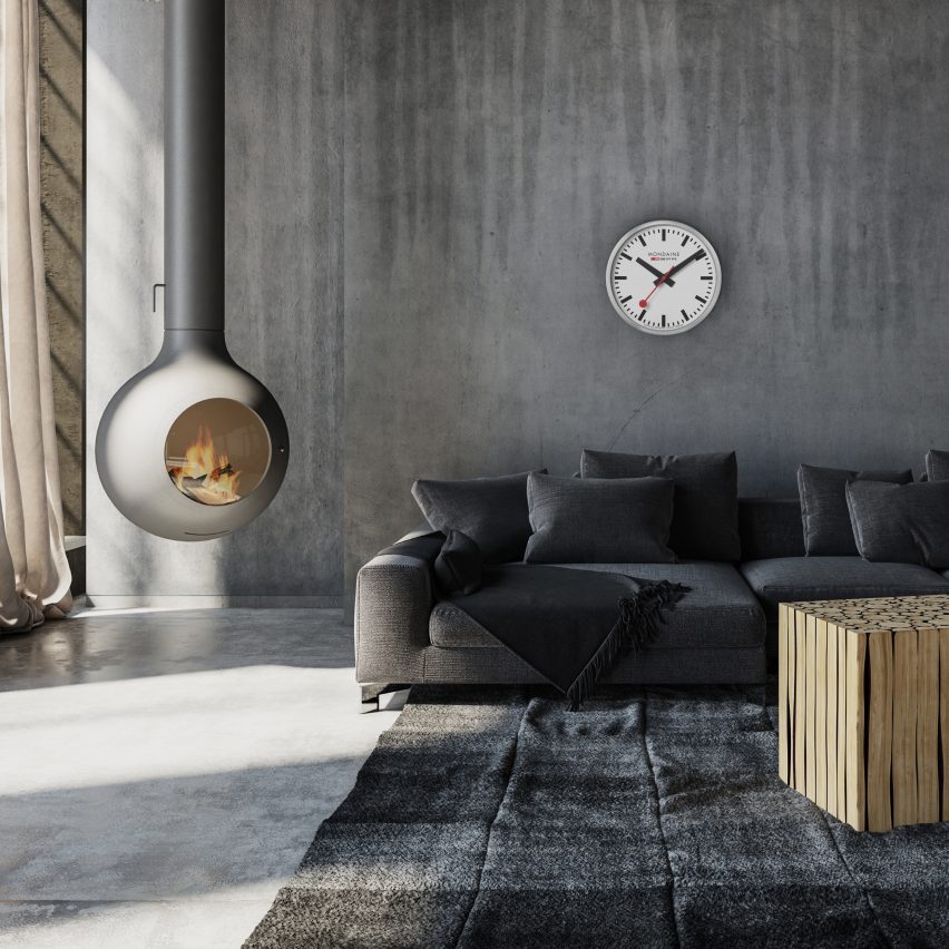The Mondaine SBB Station Clock in a modern living room