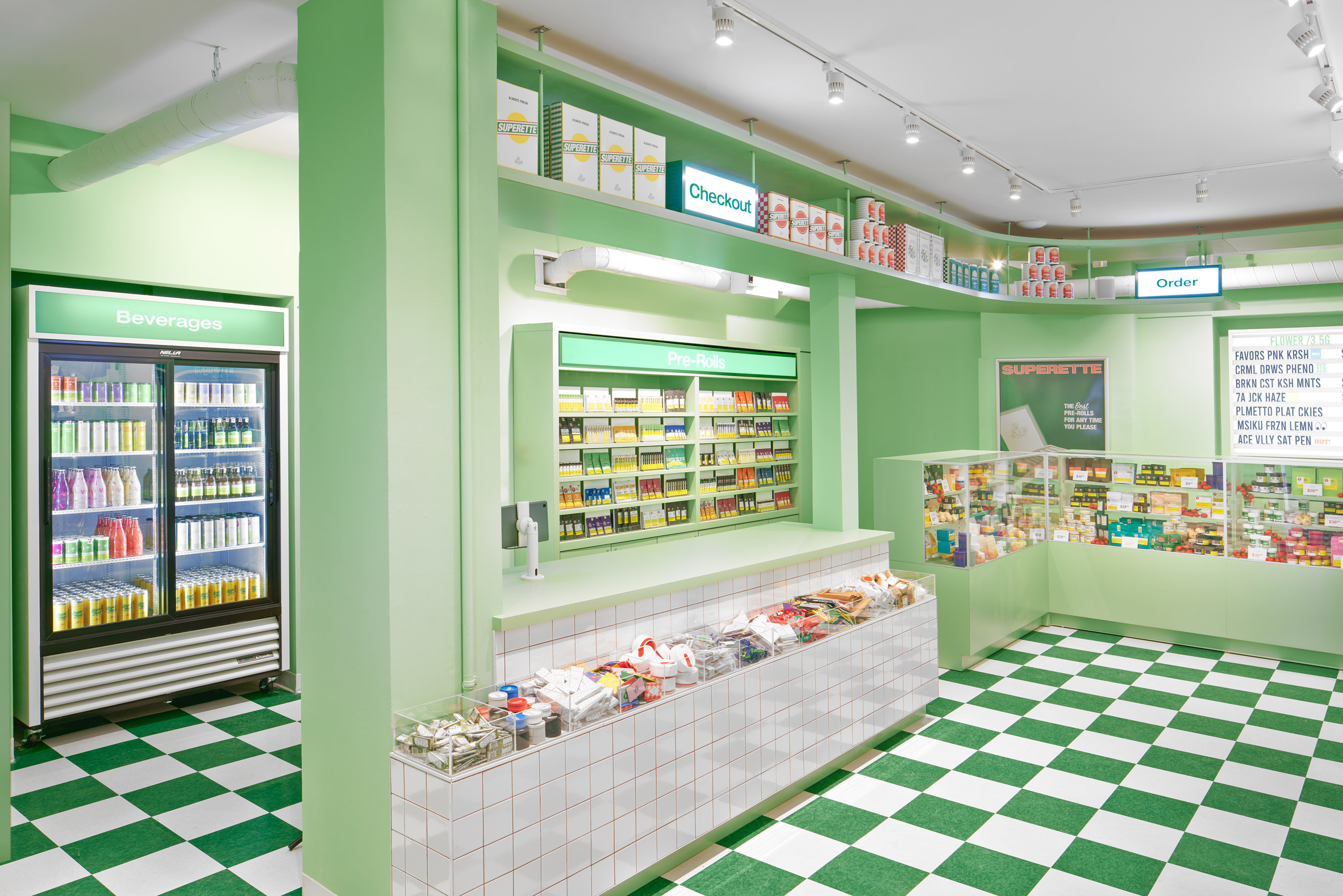 A greent store with cannabis products