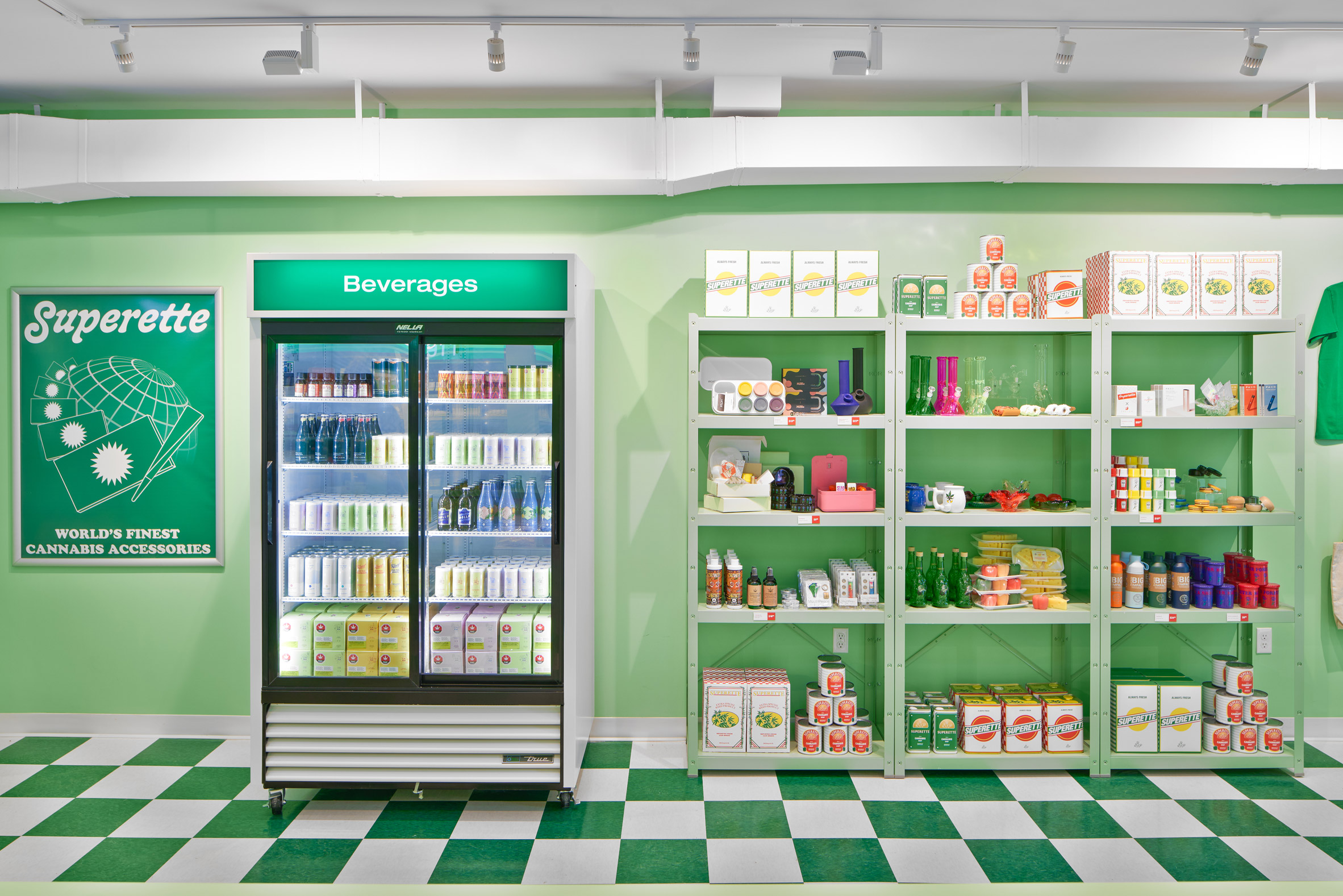 Shelves and a fridge inside a cannabis dispensary